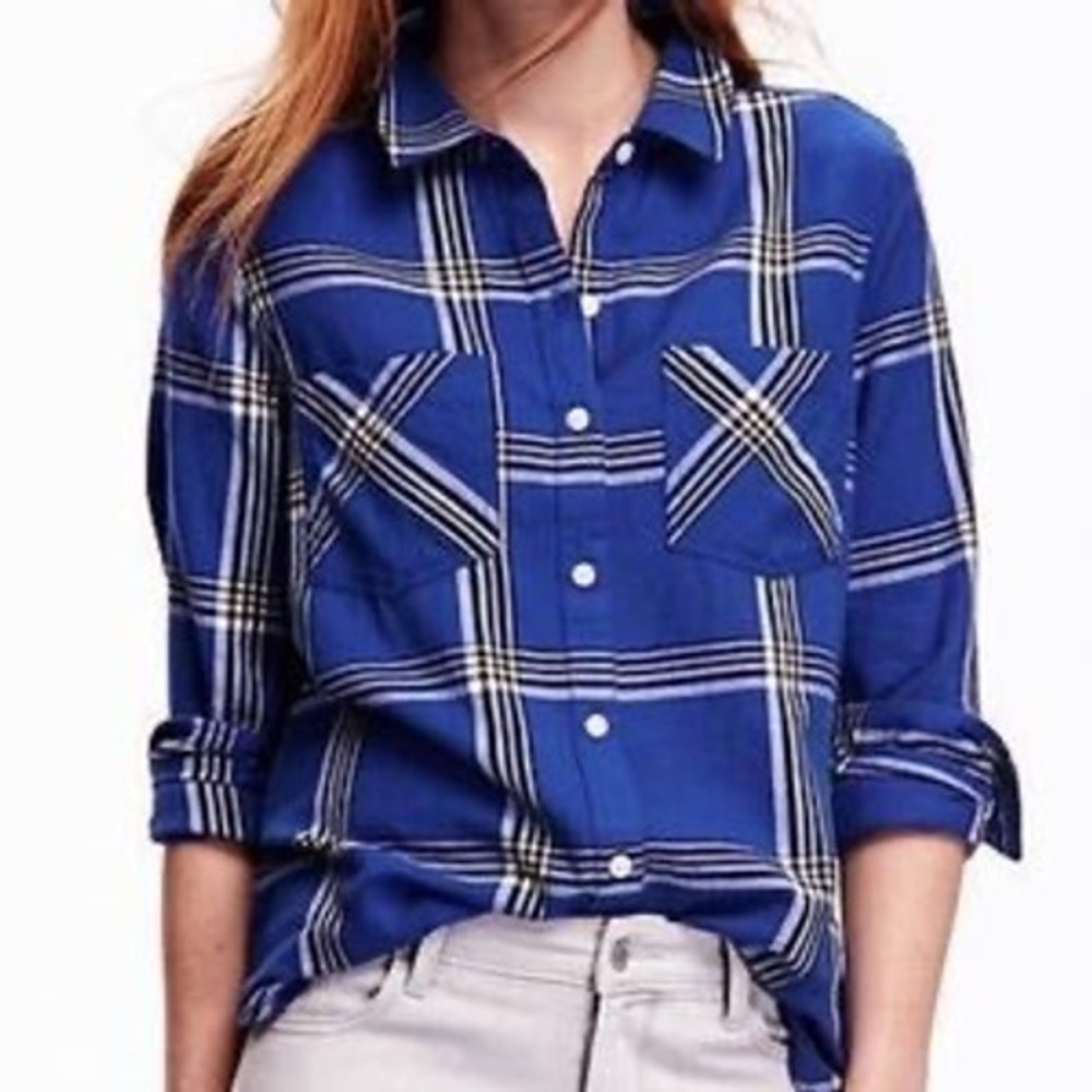 Old Navy Women's Classic Fit Plaid Long Sleeve‎ Button Up Shirt XS Royal Blue